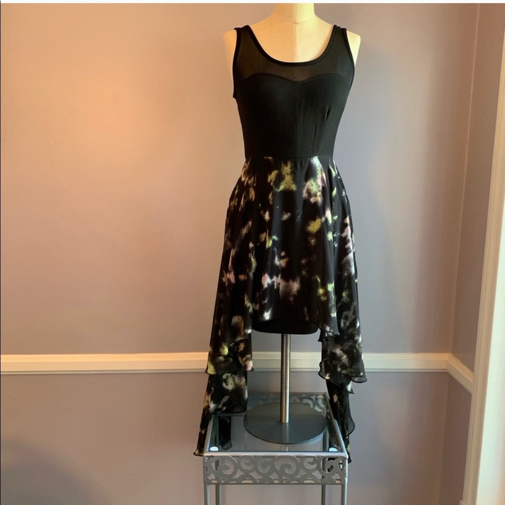 Material Girl black mini dress w printed overlay